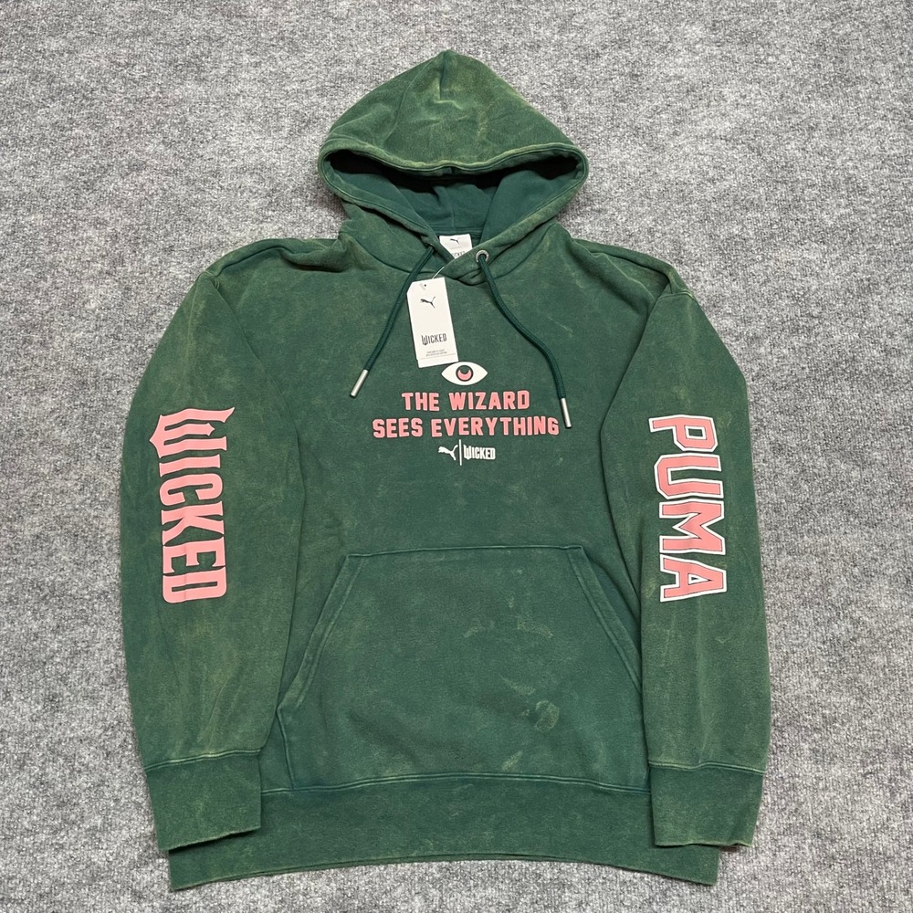 PUMA x WICKED Hoodie Womens Large Dark Myrtle Green Pink Oz Sweatshirt Acid Wash
